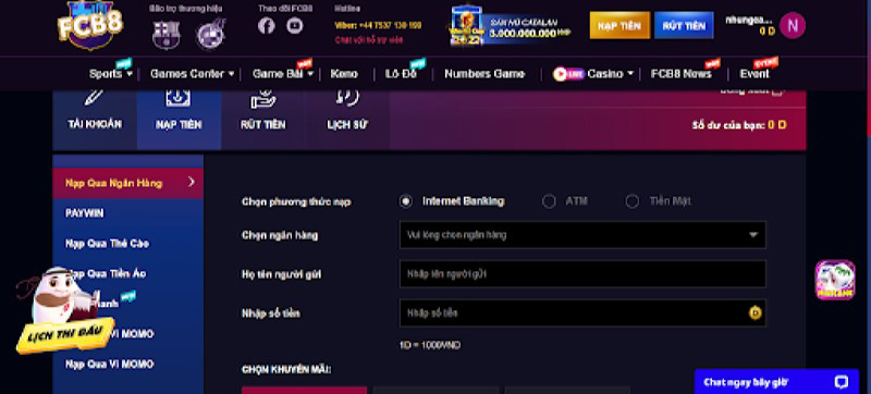 cách nạp tiền fcb8 qua ngân hàng