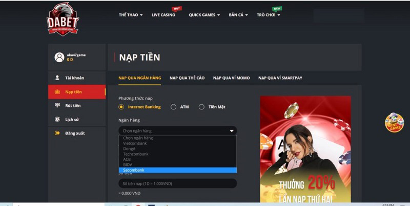 hướng dẫn nạp tiền dabet bằng ngân hàng
