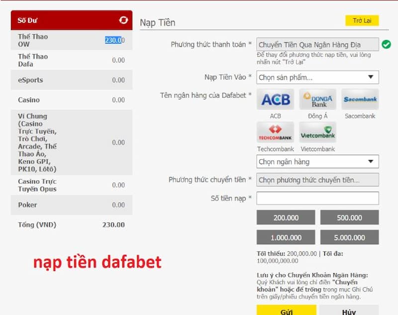 cách thức nạp tiền