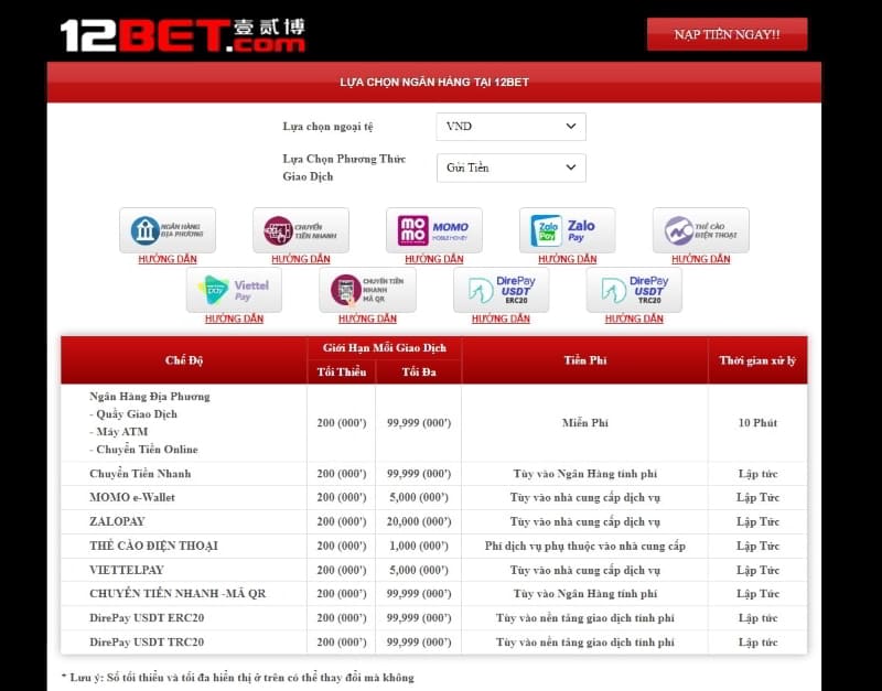 nạp tiền vào trang cá cược 12bet 