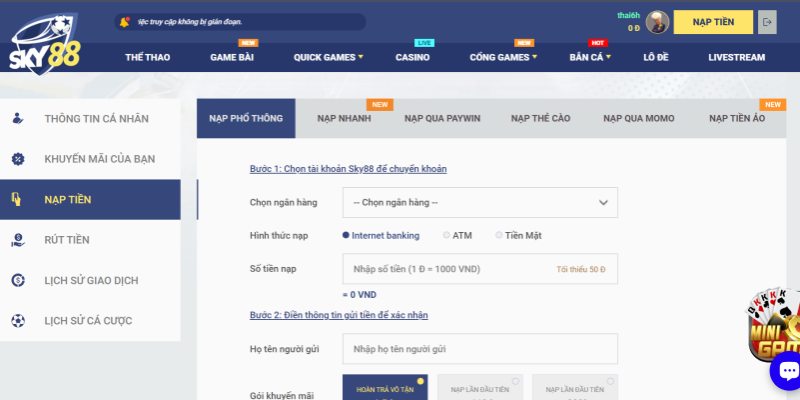 Các hình thức nạp tiền Sky88 tiêu biểu nhất